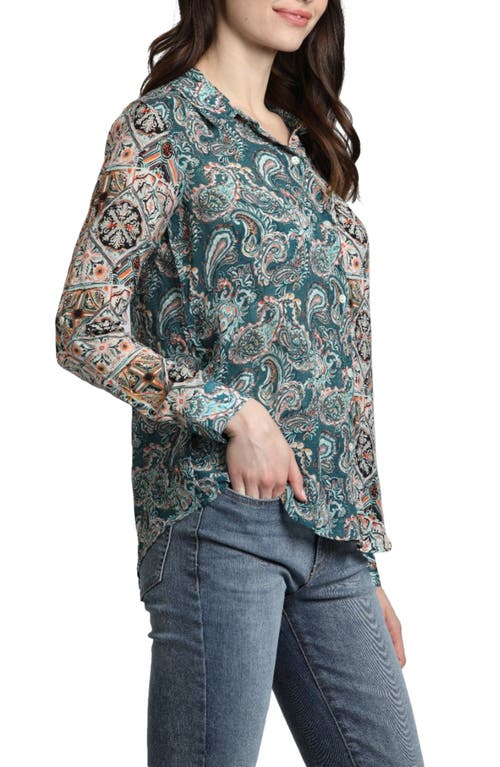 Shop Apny Mixed Print Roll Tab Sleeve Chiffon Button-up Shirt In Blue Multi