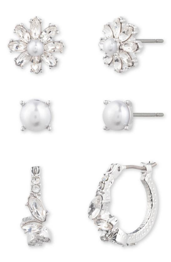 Marchesa 3-pc. Set Crystal & Imitation Pearl Flower Stud & Hoop Earrings In Silver