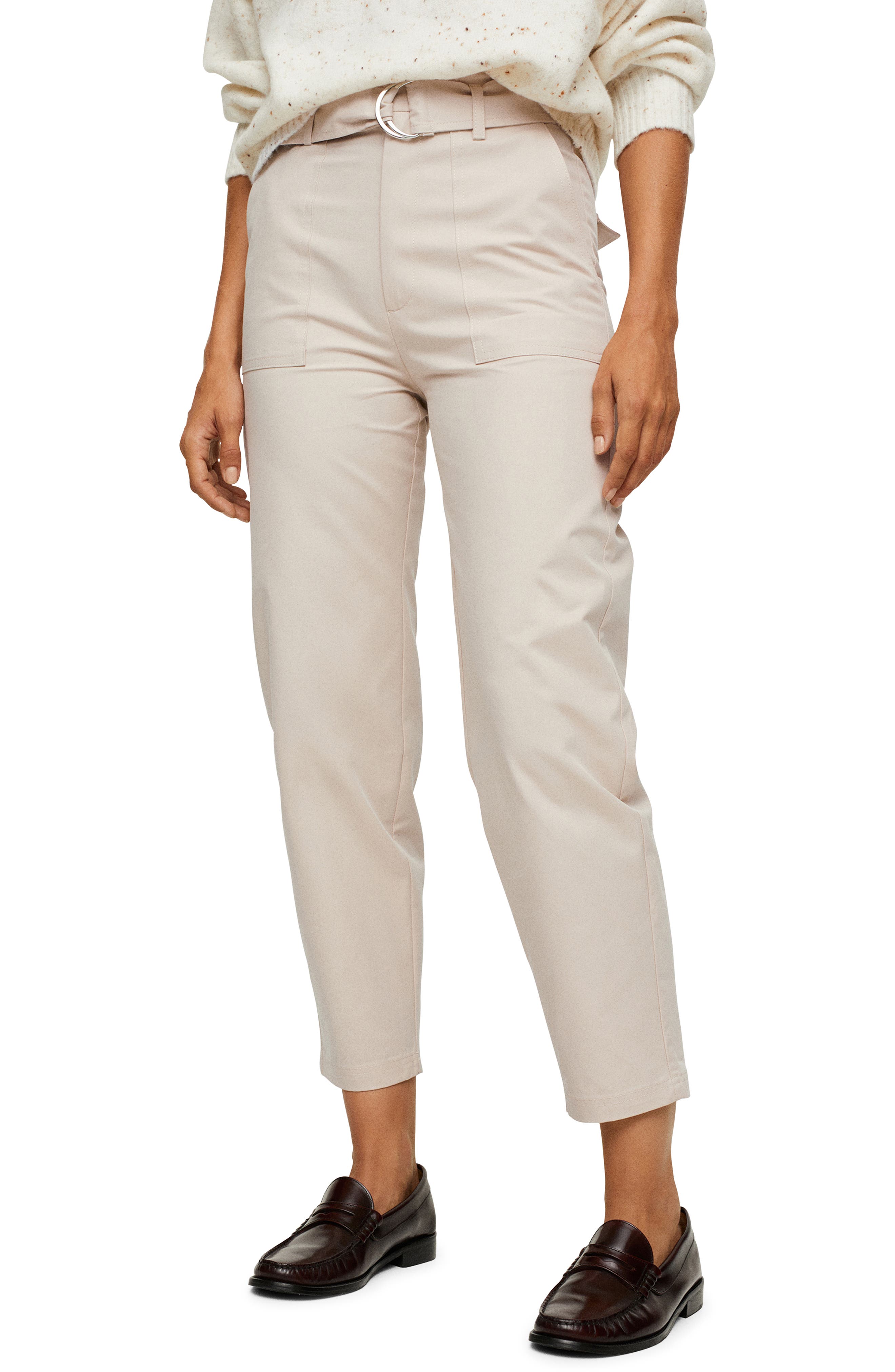 MANGO Belted High Waist Cotton Trousers 