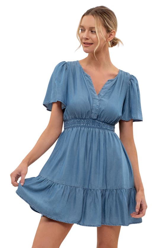 BLU PEPPER BLU PEPPER CHAMBRAY TIERED FLUTTER SLEEVE DRESS