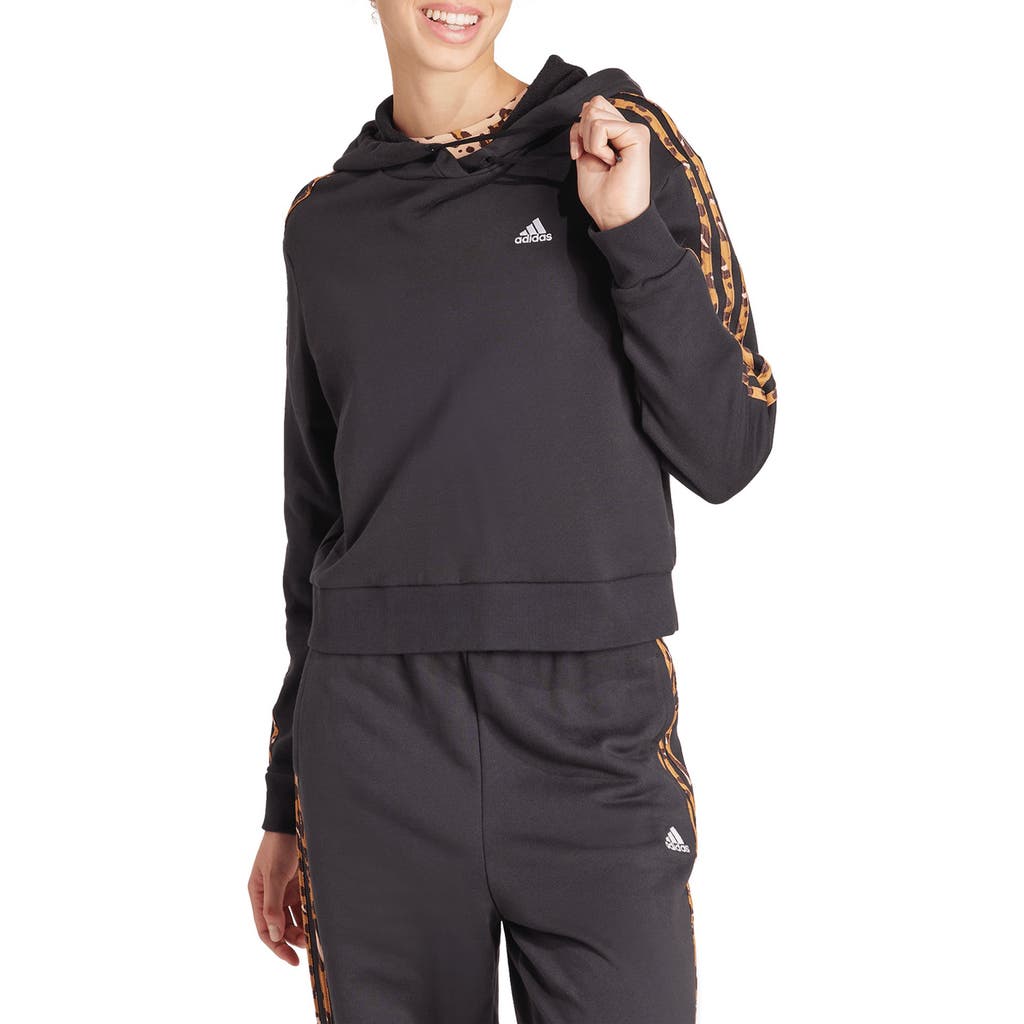 Shop Adidas Originals Adidas 3-stripes Leopard Print Crop Pullover Hoodie In Black/magic Beige