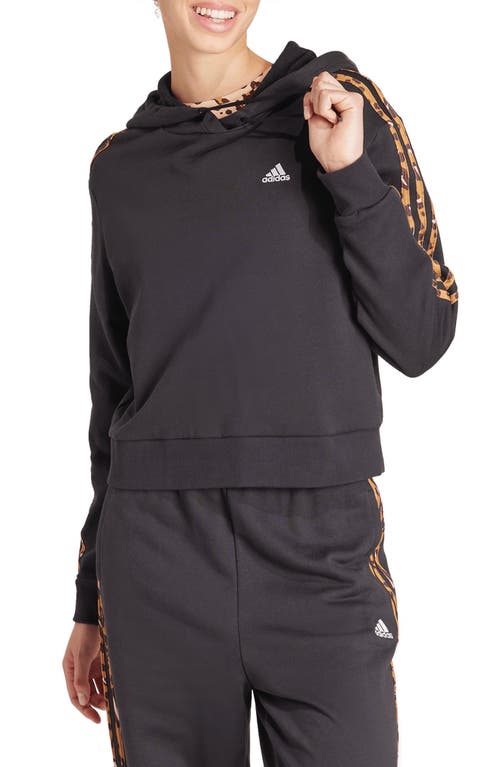 Shop Adidas Originals Adidas 3-stripes Leopard Print Crop Pullover Hoodie In Black/magic Beige