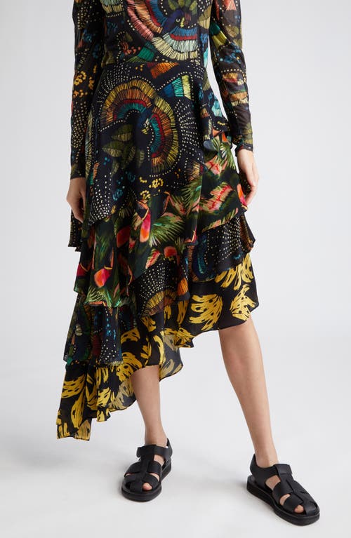 FARM Rio Mix Print Tiered Midi Skirt in Black Multi at Nordstrom, Size Small