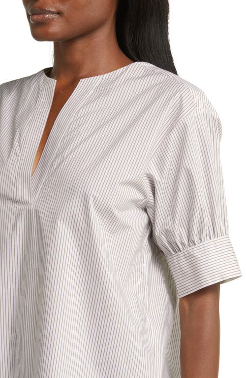 Shop Frame Stripe Split Neck Organic Cotton Popover Top In Mocha/white