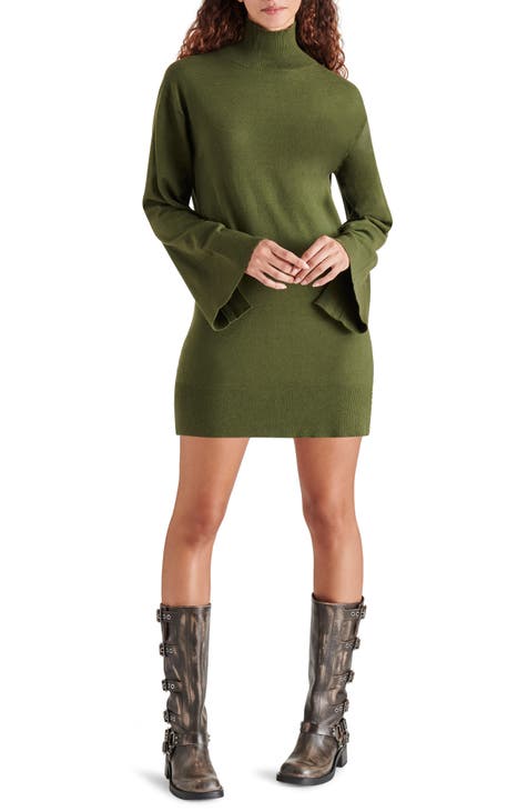BLUE SPACE Name: Stylish Neck Puff Sleeve Attractive Women Dress Color  Green With Belt