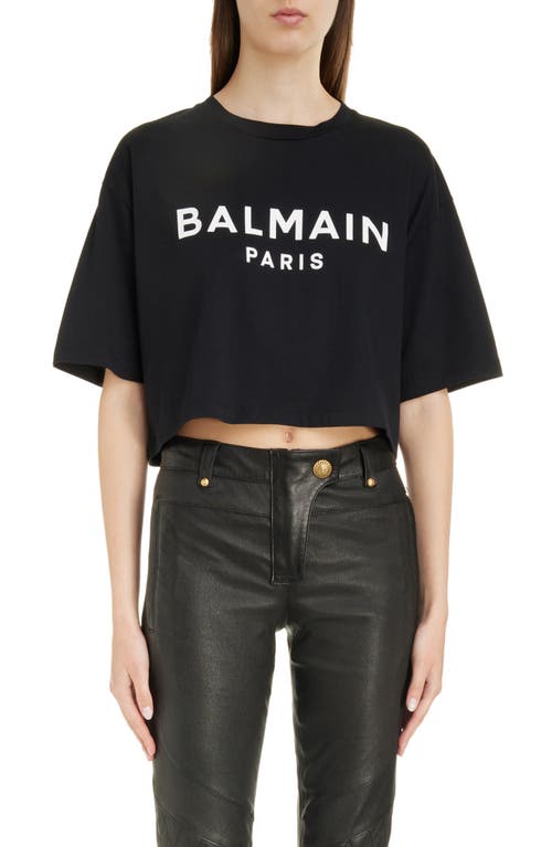 Shop Balmain Logo Crop Cotton Graphic T-shirt In Eab Black/white