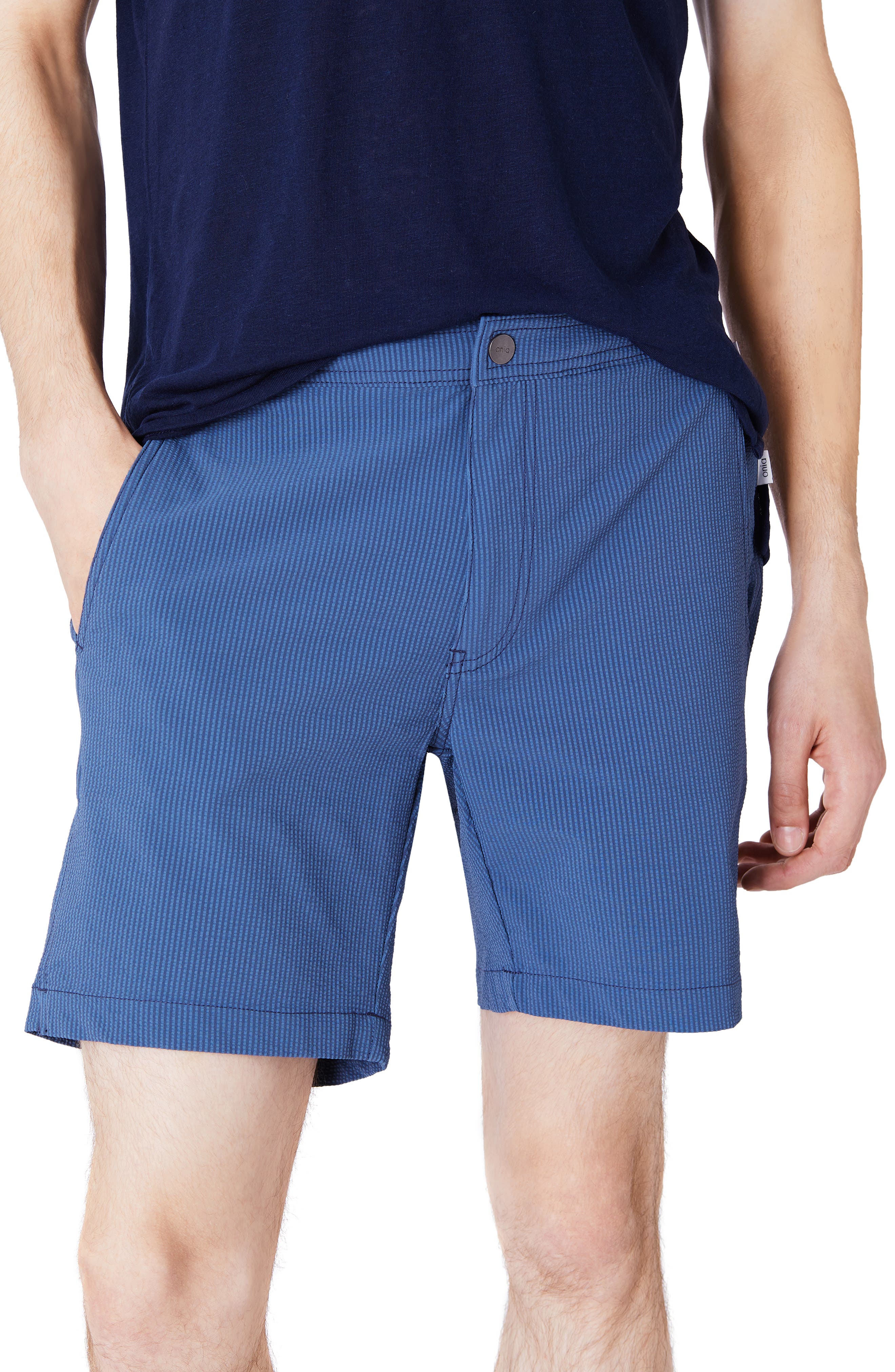 Onia Calder Microstripe Swim Trunks in Deep Navy Cover