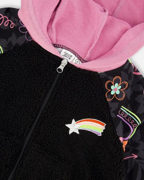 Shop Deux Par Deux Little Girl's Bi-material French Terry And Soft Fleece Zip Hoodie Black In Printed Hearts & Rainbows