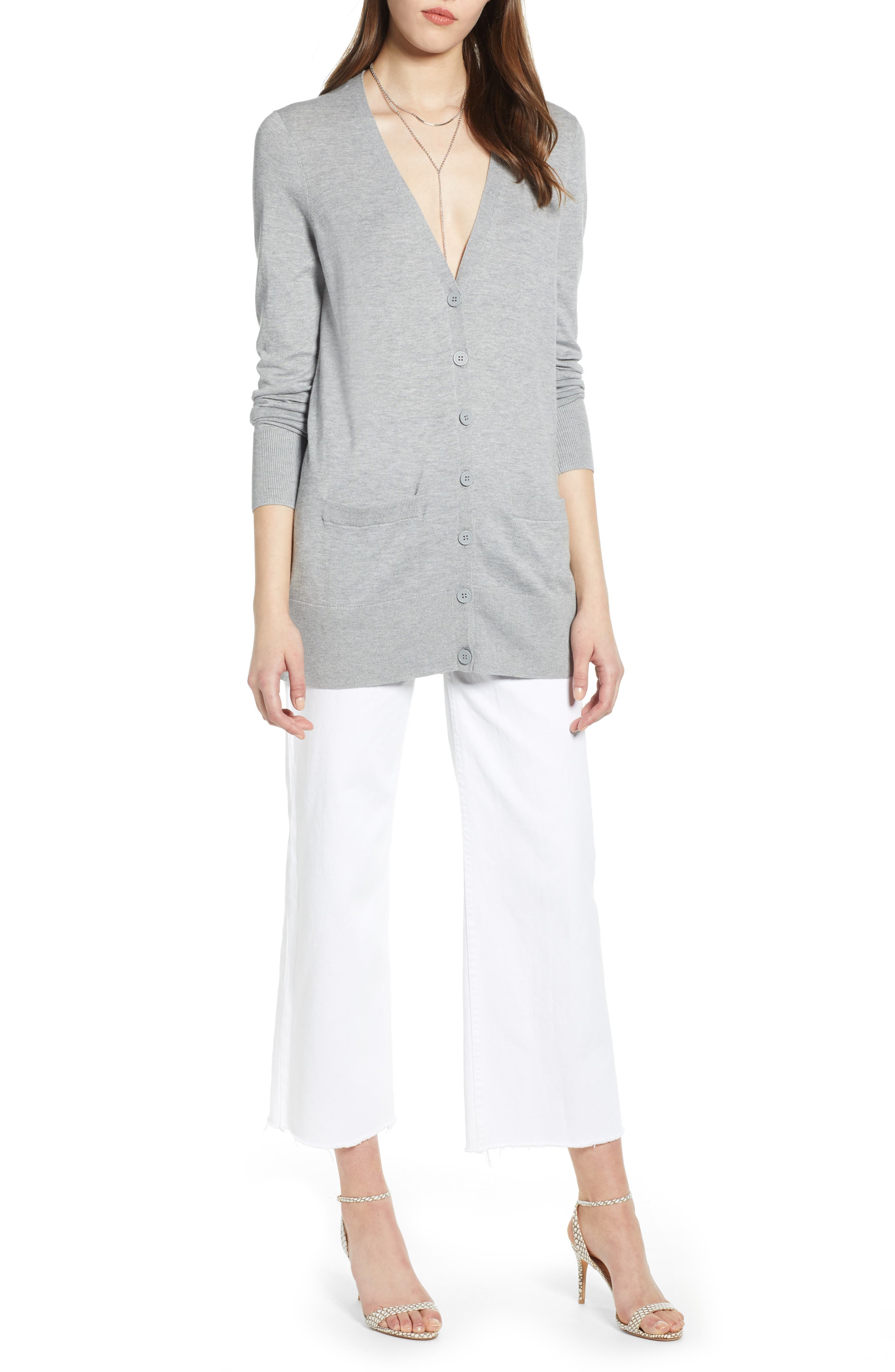 Petite Halogen Button Front Cardigan, Grey