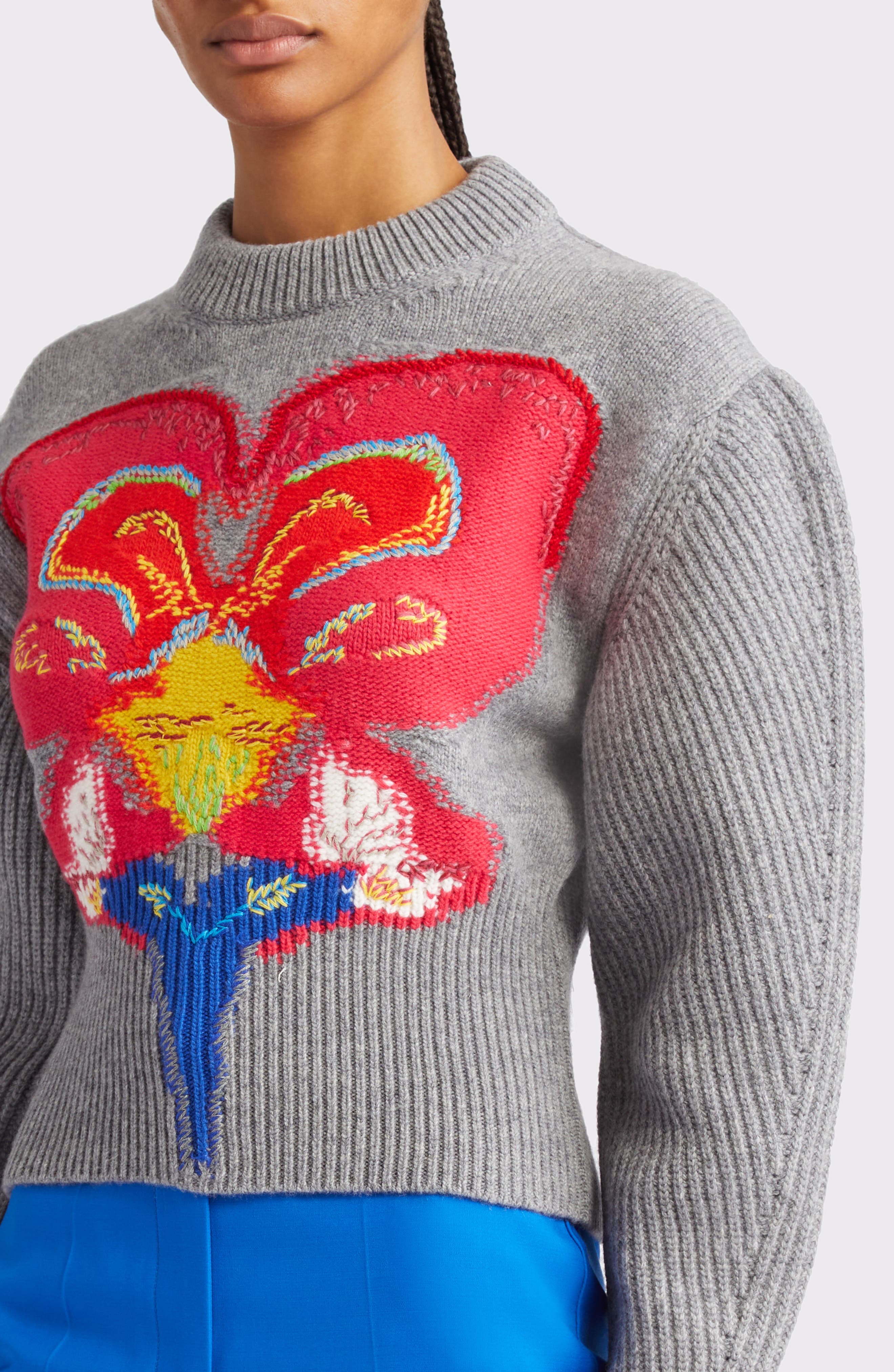 Alexander McQueen Orchid Intarsia Cocoon Sleeve Crop Wool Sweater