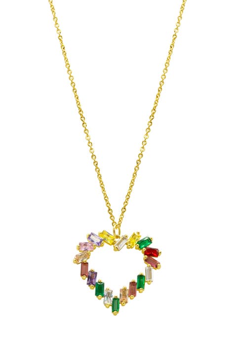 14k Yellow Gold Plated Rainbow CZ Heart Pendant Necklace
