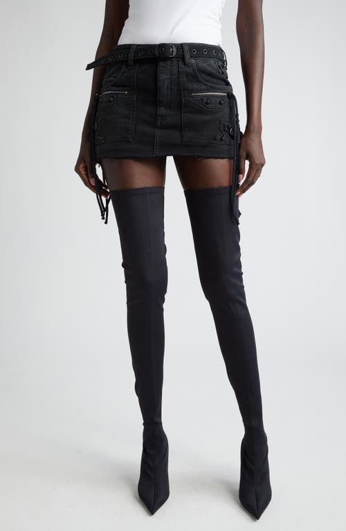 Cagole Belted Denim Miniskirt in Sunbleached Black