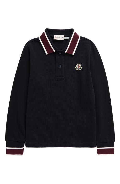 Shop Moncler Kids' Long Sleeve Cotton Polo In Navy Blue