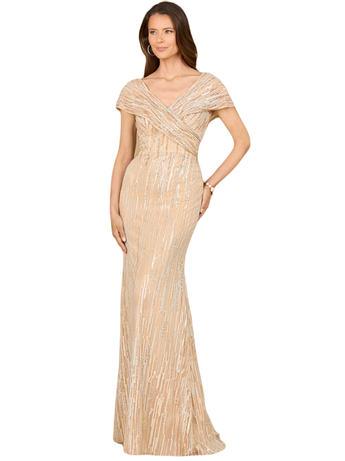 Lara New York Lace Gown With Cape Sleeves And V-neckline In Dustyblue
