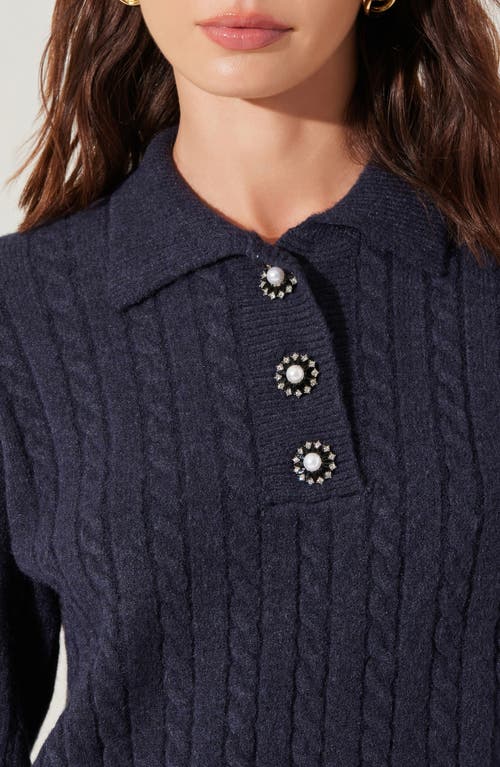 Shop Astr The Label Jewel Button Cable Polo Sweater In Midnight