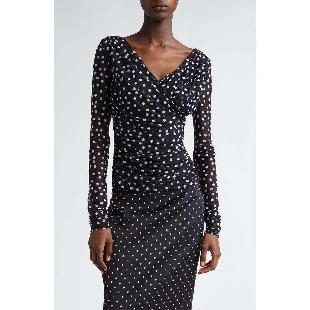 Dolce & Gabbana Ruched Wrap-effect Printed Polka-dot Tulle Blouse In Nero Dot Bianco