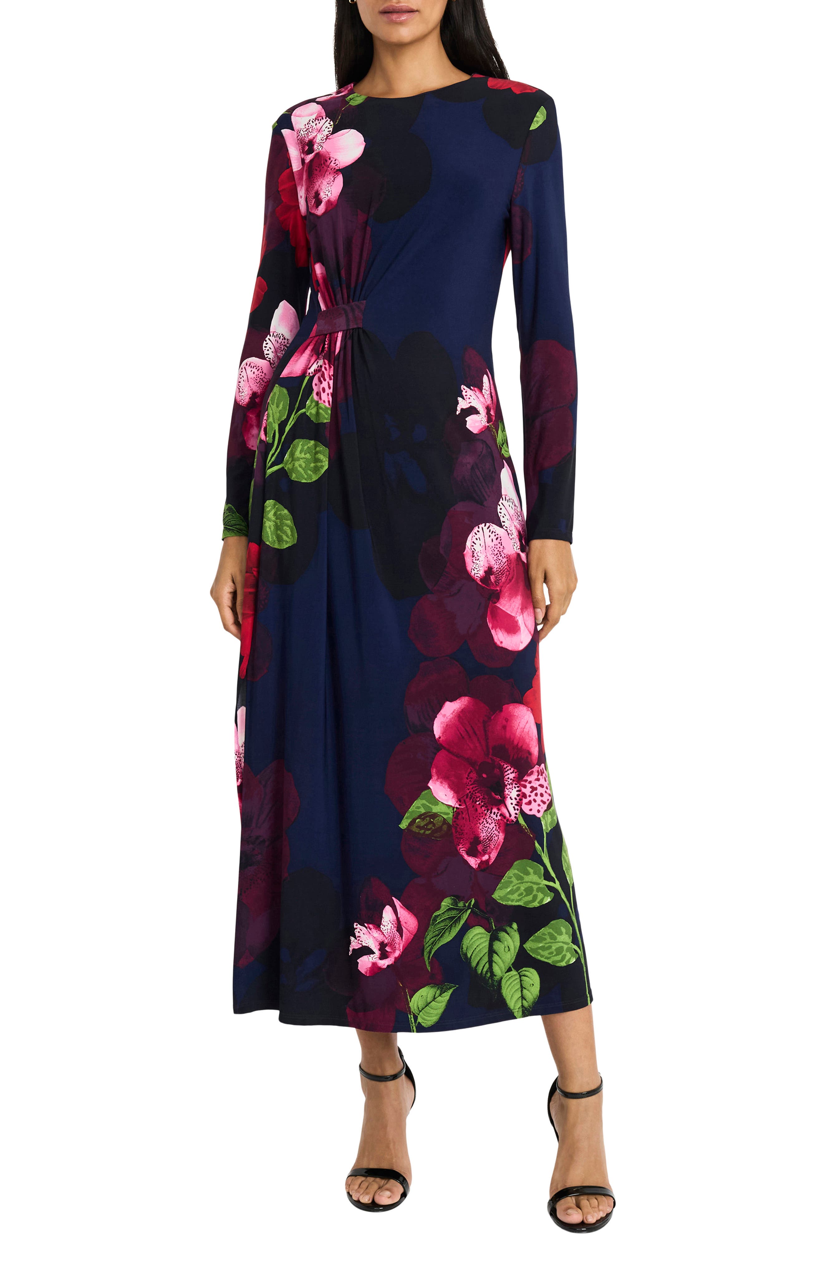 Maggy London Floral Print Long Sleeve Maxi Dress in Navy/Flame 