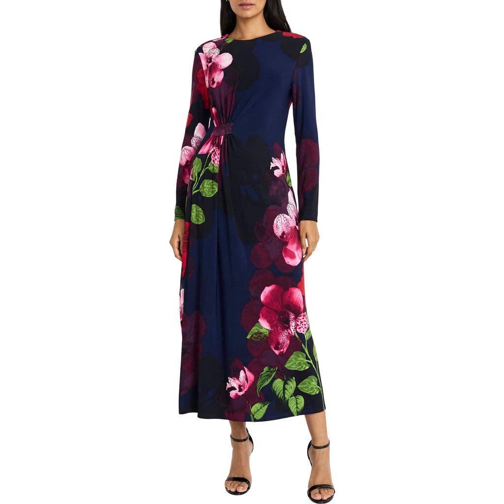 Maggy London Floral Print Long Sleeve Maxi Dress in Navy/Flame