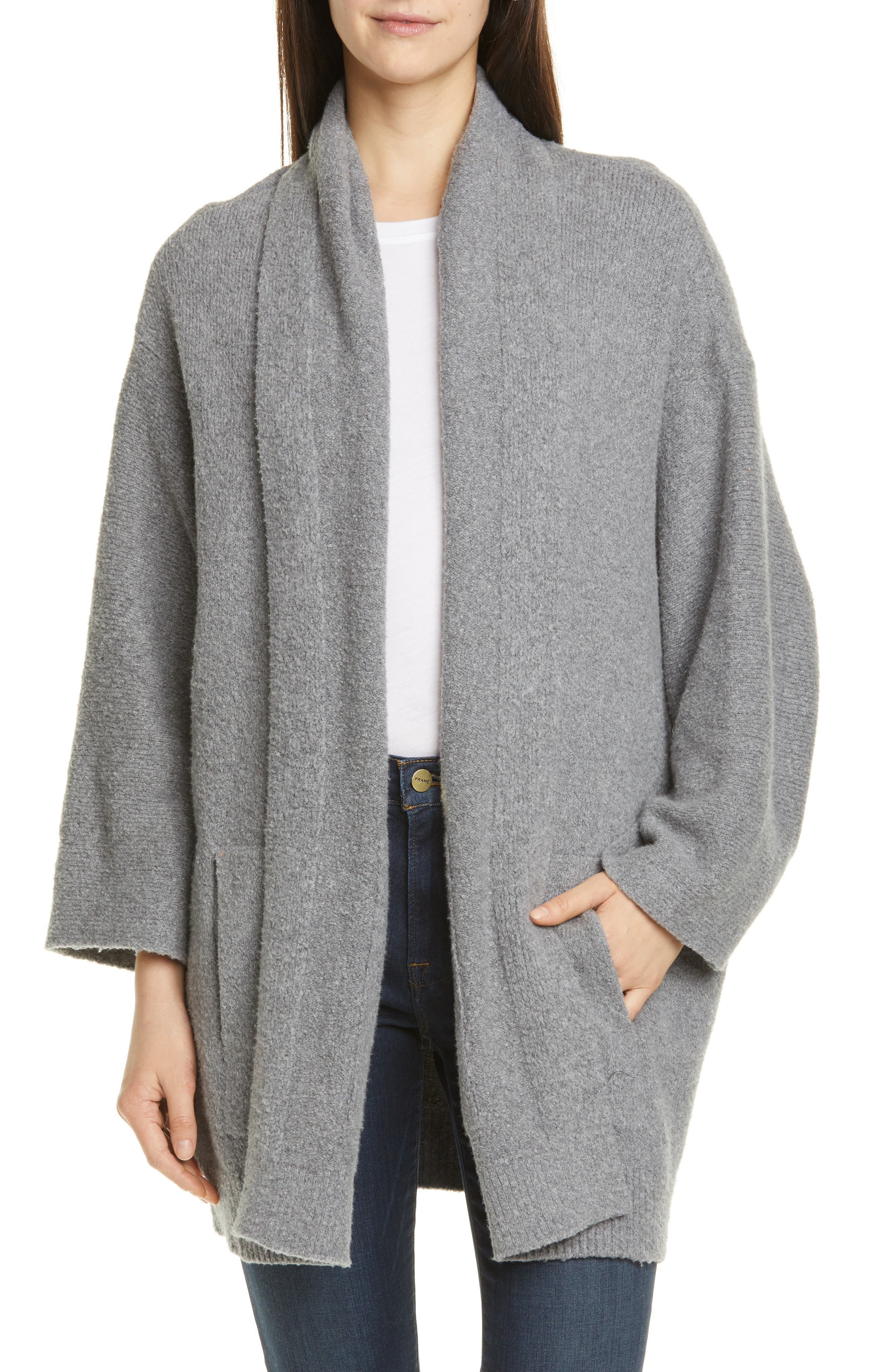 gray open cardigan
