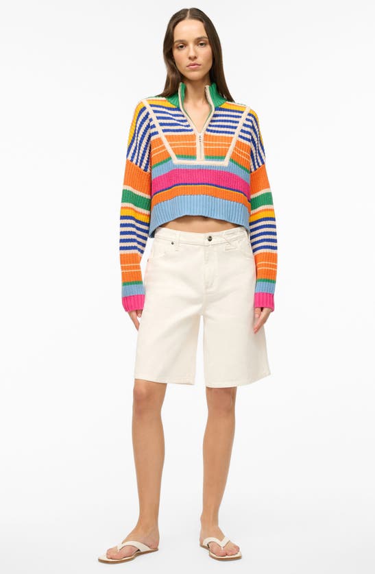 Shop Staud Stripe Crop Cotton Blend Sweater In Multi Bayadere Stripe