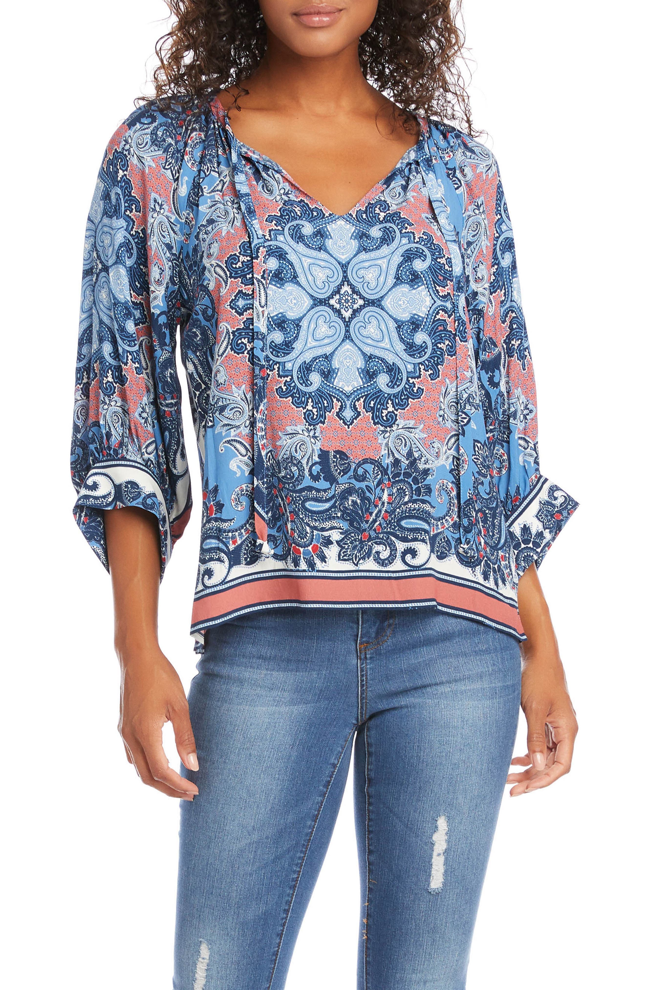 Lucky Brand Womens Printed Three-Quarter Sleeves Pullover Top