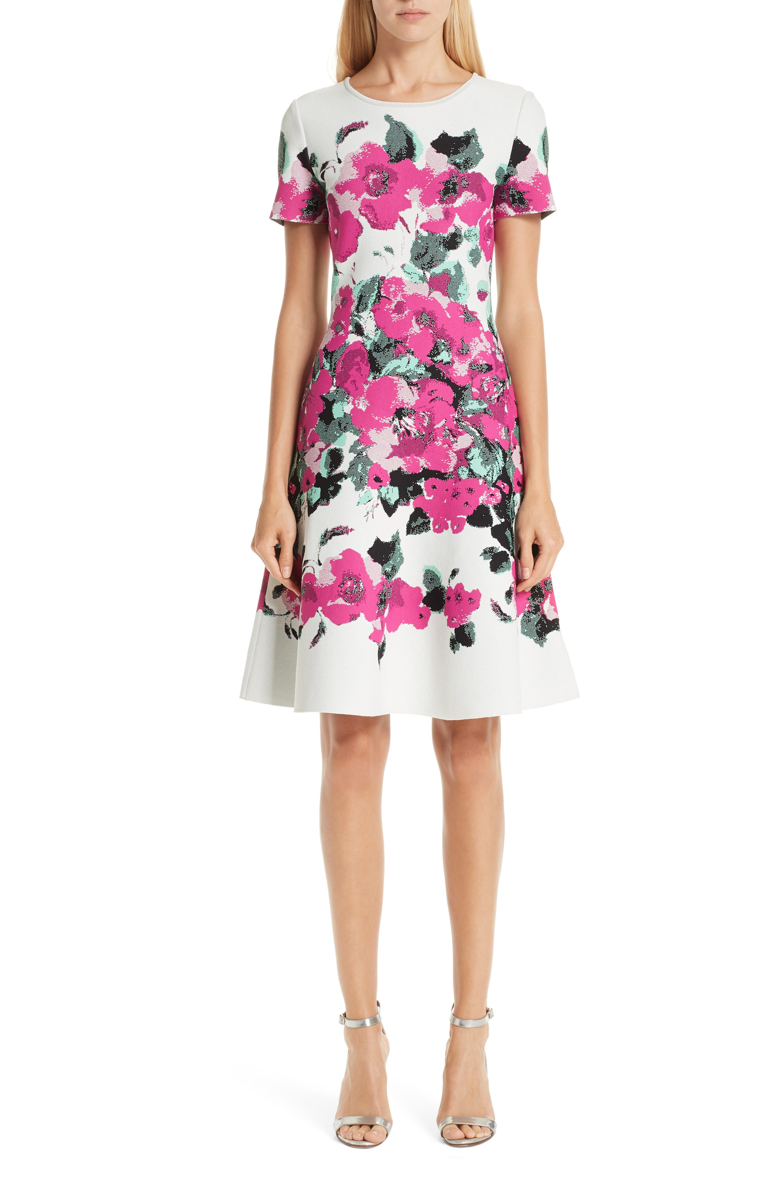 St. John Collection Vibrant Blooming Jacquard Fit & Flare Dress, Beige