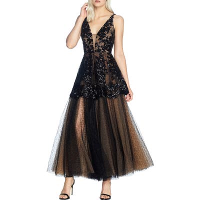 Dress The Population Rachelle Fit & Flare Lace Gown, Black