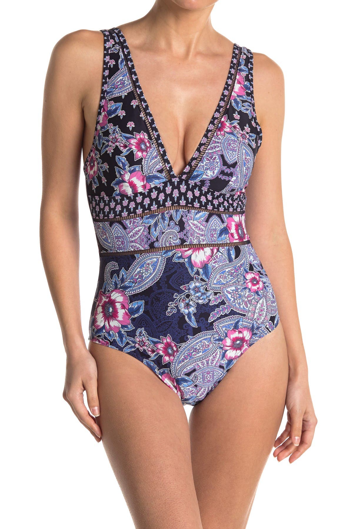 Sea Level V-neck Floral Print One-piece Swimsuit In Navy