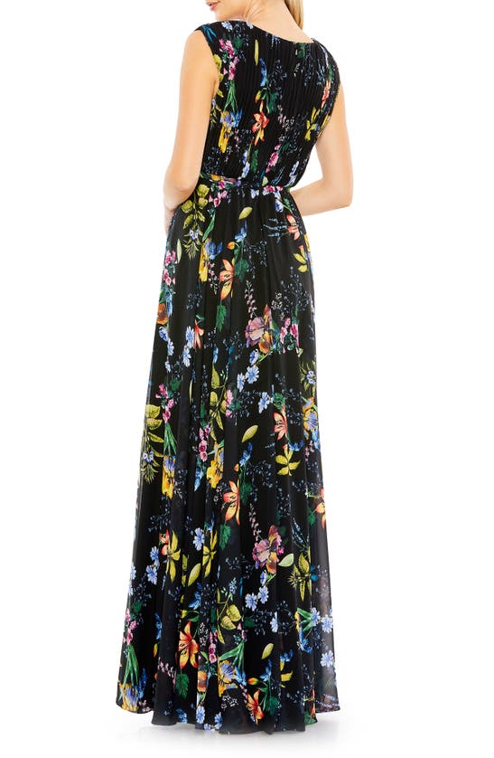 Shop Mac Duggal Floral Pleated Sleeveless Gown In Black Multi