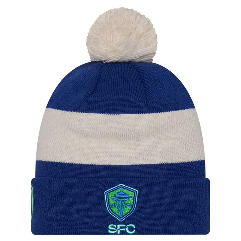 Shop New Era Blue Seattle Sounders Fc 2024 Kick Off Collection Cuffed Knit Hat With Pom