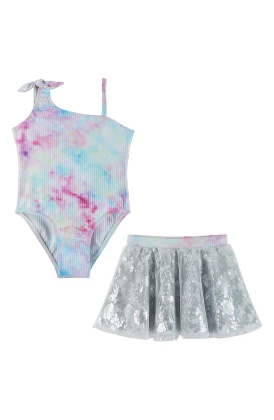 Andy & Evan Kids' Little Girl's 2-piece Tie-dye One-shoulder Swimsuit & Sequin Skirt Set In Grey