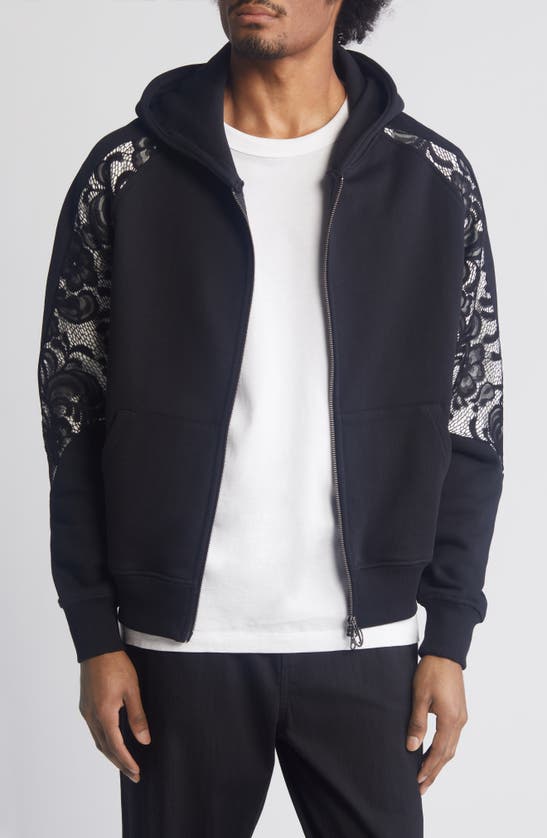 Shop Jungles Lace Inset Zip-up Hoodie In Black