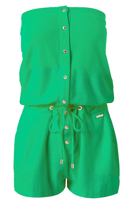 Shop Melissa Odabash Strapless Terry Cloth Cover-up Romper In Green