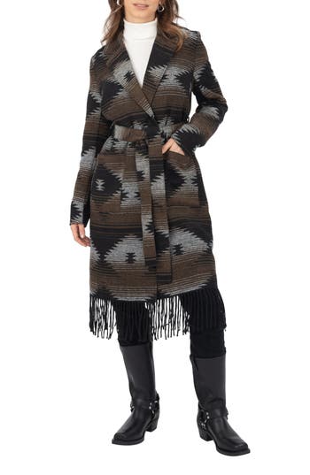 Frye Mixed Print Fringe Trench Coat In Aztec