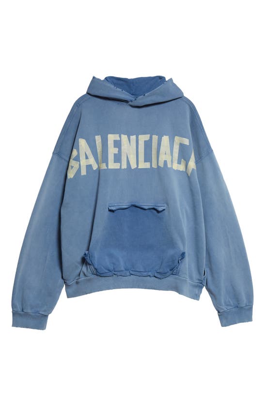 Shop Balenciaga Tape Logo Distressed Cotton Hoodie In Faded Blue