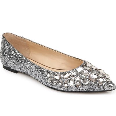 Jewel Badgley Mischka Ulanni Embellished Pointy Toe Glitter Flat, Metallic
