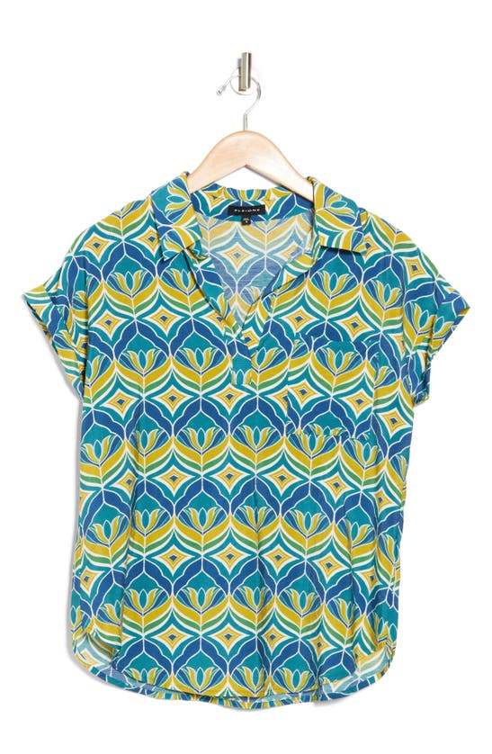 Shop Pleione Crinkle Popover Tunic Shirt In Teal Multi Retro