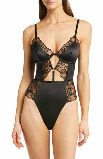 Oh La La Cheri Women's High Apex Teddy Lingerie with Deep Plunging Neckline  and Lace Inserts