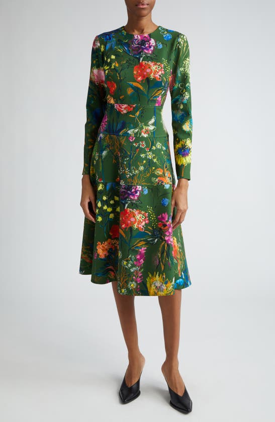 Lela Rose Lily Floral Tiered Long Sleeve Dress In Moss
