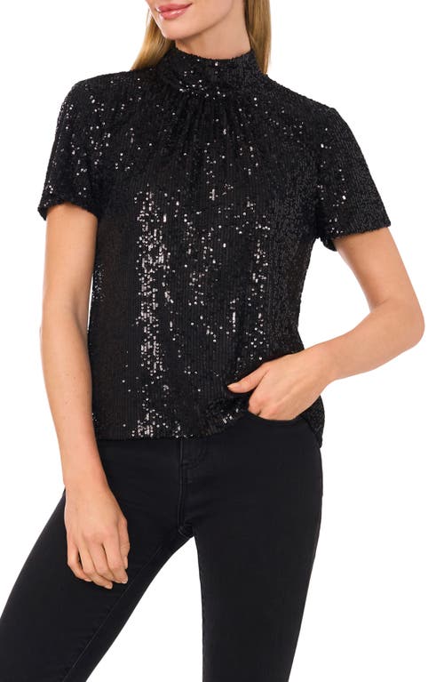 Shop Cece Sequin Mock Neck Top In Rich Black