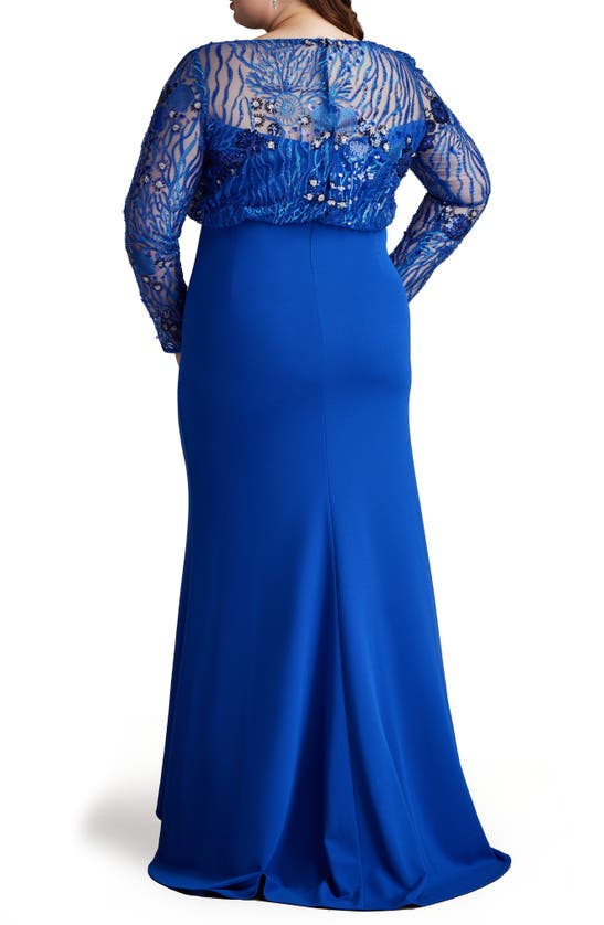 Tadashi Shoji Sequin Blouson Bodice Long Sleeve Gown In Mystic Blue