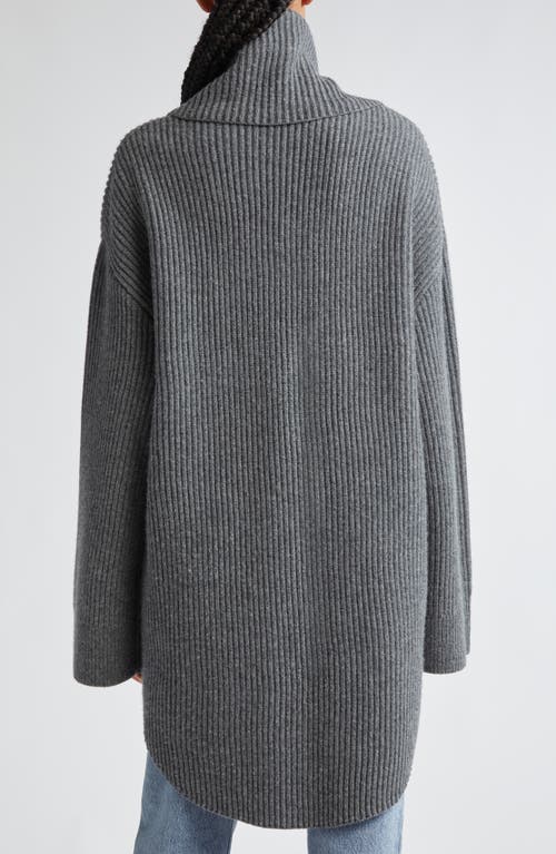 Shop Totême Toteme Draped Scarf Oversize Funnel Neck Wool Rib Sweater In Dark Grey Melange