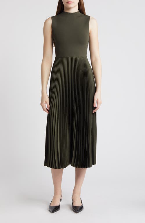 Shop Theory Pleated Sleeveless Mock Neck Midi Dress In Dark Olive