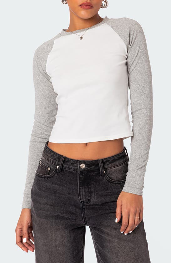 Shop Edikted Raya Long Sleeve Crop Cotton Baseball T-shirt In White/grey