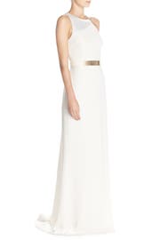 Halston Heritage Belted Asymmetrical Crepe Gown | Nordstrom