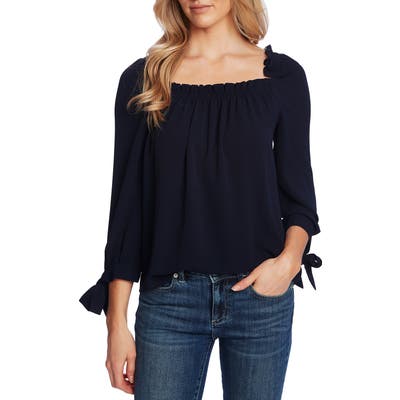 Cece Square Neck Tie Cuff Crepe Top, Blue
