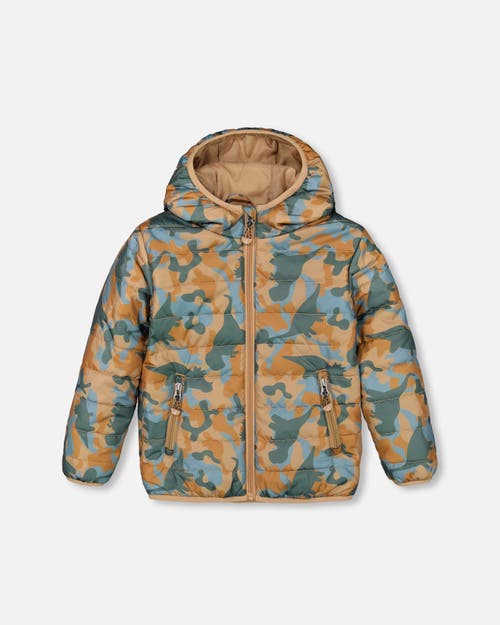 Deux Par Deux Boy's Quilted Mid-Season Jacket Beige Printed Camo Dinos at Nordstrom, Size 10