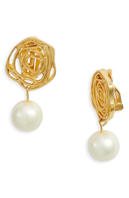 Flower Swirl Pearl Drop Clip-On Earrings in Gold