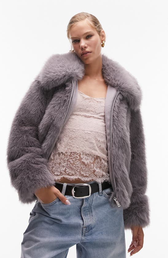Topshop Crop Faux Fur Coat In Light Pink