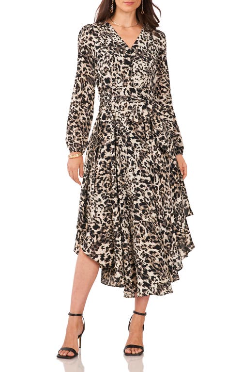 Animal Print Long Sleeve Midi Dress in Natural Taupe/Black